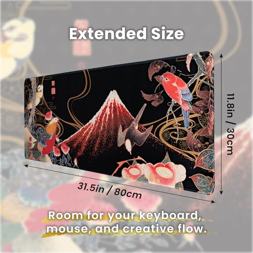 BELLEMOND Japanese Art Desk Mat | Large 31.5x11.8in Anime Mouse Pad for Keyboard & Mouse | Non-Slip Base, Water-Repellent | Original Japanese Design | Crimson Wings Over Fuji - color: Crimson Wings Over Fuji