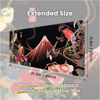 BELLEMOND Japanese Art Desk Mat | Large 31.5x11.8in Anime Mouse Pad for Keyboard & Mouse | Non-Slip Base, Water-Repellent | Original Japanese Design | Crimson Wings Over Fuji - color: Crimson Wings Over Fuji