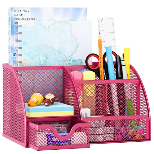EasyPAG Mesh Desk Organizer with Drawer Multi-functional Pen Holder Stationery Organizer for Office School Supplies 6 Compartments Dorm Organizers and Storage for Desk, Hot Pink - color: Hot Pink