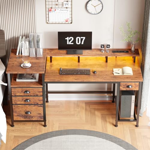 Furologee 60" Computer Desk with File Cabinet and Storage Shelves, Reversible Home Office Desk with LED Lights, Full Monitor Stand, Power Outlets, Study Gaming Table with 4 Drawers, Rustic Brown - color: Rustic Brown