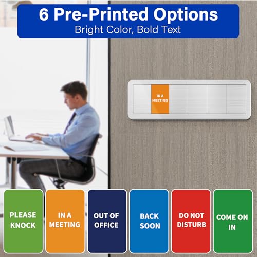 Office Door Signs with 6 Printed Status Options – Do Not Disturb, Out of Office, In a Meeting, Please Knock, Back Soon, Come on in – Includes Custom Personalized Blank Sticker for Privacy Workspace or Studio Available and Away - style: Brushed Silver-Come