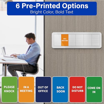Office Door Signs with 6 Printed Status Options – Do Not Disturb, Out of Office, In a Meeting, Please Knock, Back Soon, Come on in – Includes Custom Personalized Blank Sticker for Privacy Workspace or Studio Available and Away - style: Brushed Silver-Come