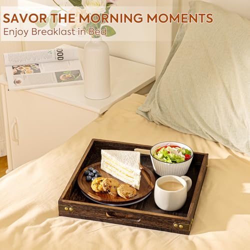Serving Tray with Handles,12.75"*12.75"Wood Decorative Tray for Living Room,Modern Coffee Table Tray,Square Large Serving Platters for Home Decor,Ottoman,Bed,Kitchen,Bathroom, Breakfast,Bar - size: 13" x 13" x 1.8"