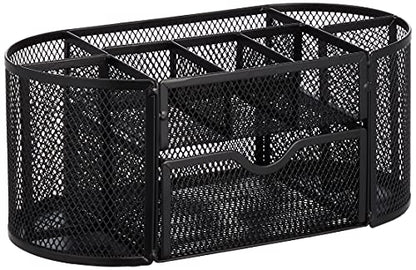 Amazon Basics Mesh Desk Organizer with Pen Holder, Pullout Drawer and Office Caddy Storage, 9.25" x 4.53" x 3.94", Black - style: Desk Organizer