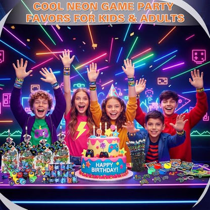 Sayglossy 251 Pcs Video Game Party Favors Set Includes Gift Bags Pencils Notebook Sharpener Slap Bracelets Rings Keychains 3D Puffy Stickers Stamper Gamer Party Favors Birthday (Neon) - style: Neon