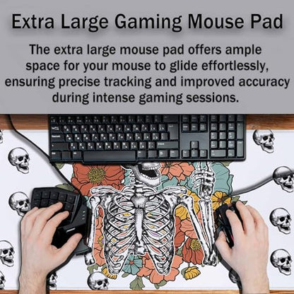 Skeleton Wildflower Full Desk Mouse Pad Funny Retro Skull Halloween Gothic Large Gaming Mousepad for Keyboard PC.Home,Office 35.4"X15.7" - color: Skeleton wildflower