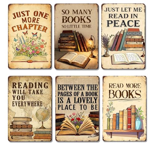 Vintage Classroom Decor 6pcs Reading Book Posters Metal Signs - Library Wall Art Reading Corner Decor for Dorm, Book Shop, Middle & High School Classroom Decorations Sign 8x12 Inch - color: BookSign