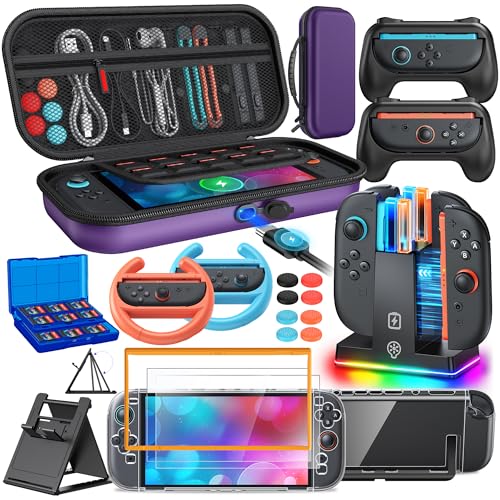 Switch 2 Accessories, Case Bundle for Nintendo Switch 2 2025 Console,[Charge Inside]FYOUNG 23 IN 1 Kit:Carrying Case,Controller Charger,Protective Shell,Grip for Joycon, Steering Wheel for Mario Kart(Purple) - color: Purple