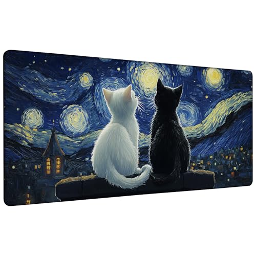 Black Cat and White Cat Look Starry Sky Gaming Mouse Pad with Stitched Edges Non-Slip Rubber Base Mouse Pad for Office,Computer,Keyboard,Laptop and Home Desk,35.4 x 15.7 Inch - color: Black Cat and White Cat Look Starry Sky, size: 15.7*35.4inch