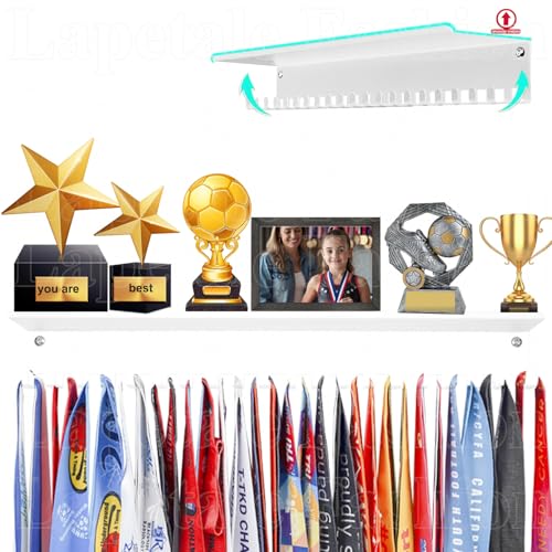 Non-Slip Trophy Shelf,Trophy and Medal Display Shelf, Medal Hanger Display For Wall with 16inchL,Shelves For Trophies medal display Upgraded Medal Holder display For gymanstics,race,soccer,swim - color: White, size: Non Slip-16 Inches Long 20 hooks