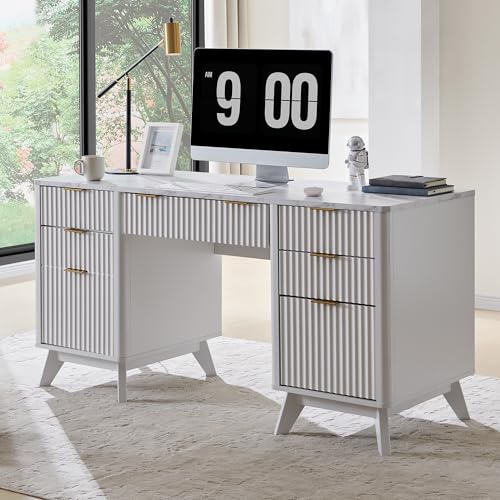 T4TREAM 60'' Fluted Executive Desk with Drawers, Modern Home Office Computer Desk with Charging Station, Keyboard Tray, File Drawer and Storage Cabinet for Study, Living Room, Bedroom, Solid White - color: Solid White