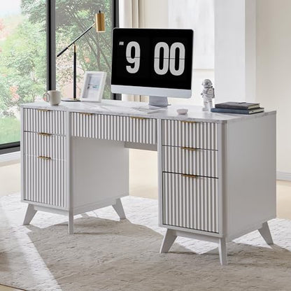 T4TREAM 60'' Fluted Executive Desk with Drawers, Modern Home Office Computer Desk with Charging Station, Keyboard Tray, File Drawer and Storage Cabinet for Study, Living Room, Bedroom, Solid White - color: Solid White