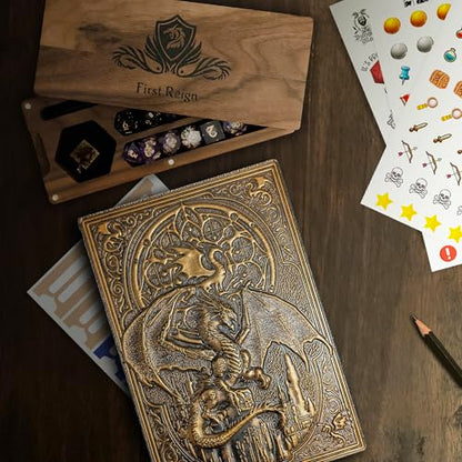 DnD Journal | D&D Notebook with 3D Dragon Embossed Hardcover | DnD Character Journal & Campaign Tracker | 150+ DnD Stickers included | D&D Character Sheet | DnD Gifts, Items & Accessories for Players