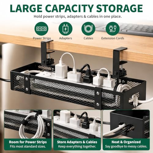 Under Desk Cable Management Tray, Metal Desk Cord Organizer, Adjustable Clamp, No Drill, Durable Desk Cable Organizer – 15.7'' - size: 15.7 inch