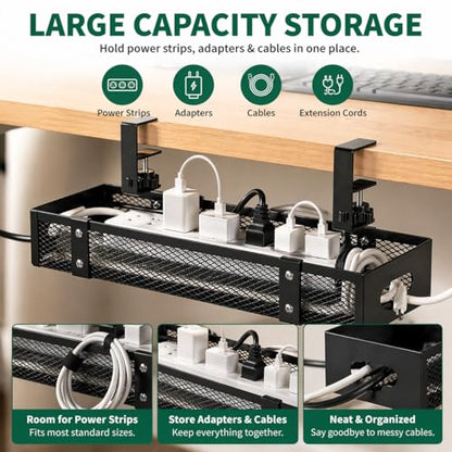 Under Desk Cable Management Tray, Metal Desk Cord Organizer, Adjustable Clamp, No Drill, Durable Desk Cable Organizer – 13.4'' - size: 13.4 inch