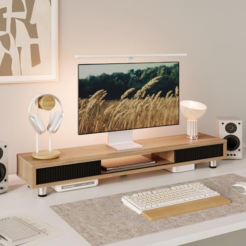 Fenge Dual Monitor Stand, 42.5inch Long Monitor Stands Riser for 2 Monitors, Glass Sliding Door with Storage Organizer Stand for Desk, 2 Tier Desk Shelf for Laptop, Pc, Printer, Computer, TV - color: Dark Oak