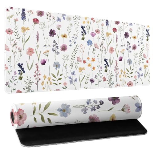 Floral Desk Mat Large Extend Mouse Pad XXL Beige Boho Desk Pad 35.4x15.7 Inch Cute Minimalist Flowers Mouse Pads Flowers Esthetics Computer Laptop Mouse Mat Non-Slip for Home Office Desktop Decor - color: Flowers, size: 35.4x15.7 Inch
