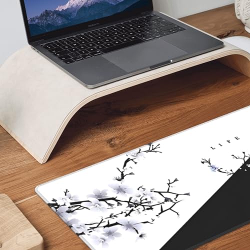 Japanese Life Death Keyboard Mat, Black White Japanese Anime Gaming Mouse Pad for Desk with Anti-Slip Rubber Base and Stitched Edges, Japanese Sakura Pagoda Sun Mouse Pad - color: Life Death