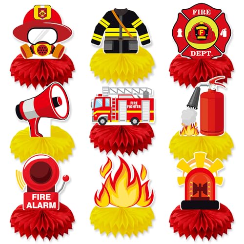 9pcs Firetruck Honeycomb Decorations, Fireman Firefighter Honeycomb Centerpiece table decor, Birthday Party Supplies Ornaments - color: Firetruck