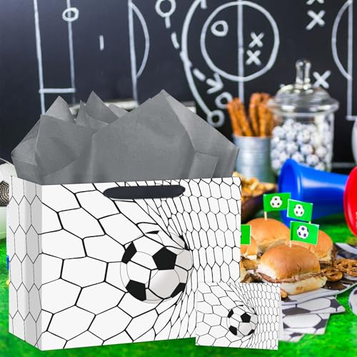 Hooqict Large Soccer Gift Bag Soccer Birthday Gift Bag with Handles, Wrapping Paper, Greeting Card for Kids Boys Teens Men Sports Themed Birthday Goodie Treat Party Favors - color: Soccer