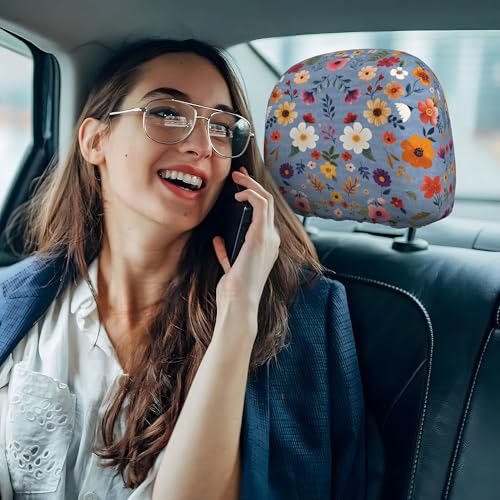 Lovely Car Headrest Covers Set Blue Floral Automotive Accessories for Van SUV Truck - color: Blue Floral