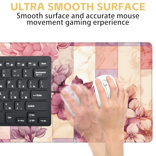 Flower Desk Mat Large Mouse Pad Gaming Mousepad 31.5 x 15.8 in | Desk Pad for Keyboard and Mouse, Large Non-Slip Rubber Base Mousepad Desk Mat with Stitched Edges for Gaming Office - color: Colorful Marble and Flower