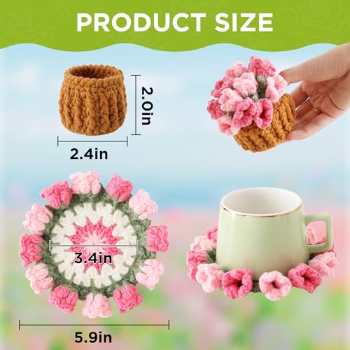Flower Crochet Coasters, Handmade Bouquet Blanket Coaster with Crochet Plant Pot Fun Soft Decorative Drink Coasters for Coffee Tabletop Protection and Home Decor (Pink, 1Pc) - color: Pink, size: 1Pc