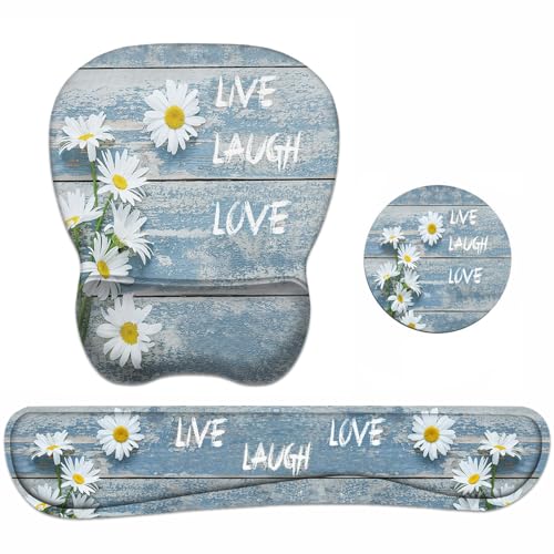 Mouse Pad Wrist Support and Keyboard Wrist Rest Set with Coasters, Dreamy Daisy Vintage Wood Board Live Love Laugh with Non-Slip PU Base Ergonomic Mousepad for Home Office Working Studying - color: Dreamy Daisy Vintage Wood Board Live Love Laugh