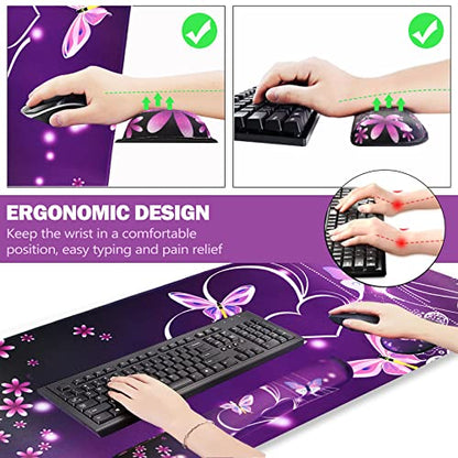 ARTSO Large Gaming Mouse Pad, Keyboard Wrist Rest Pad & Wrist Support Mousepad Set, Stitched Edge, Extended, Non-Slip Base, Memory Foam Desk Mat for Office, Home, Purple Heart Butterfly - color: Purple Heart Butterfly