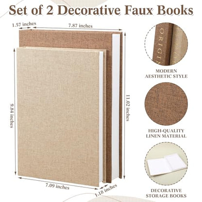 Junkin Set of 2 Decorative Books for Home Decor with 60 Pampas Grass Aesthetic Linen Fake/Faux Books Hidden Storage Boxes Modern Farmhouse Bookshelf Decor for Home Coffee Table Shelf Mantel