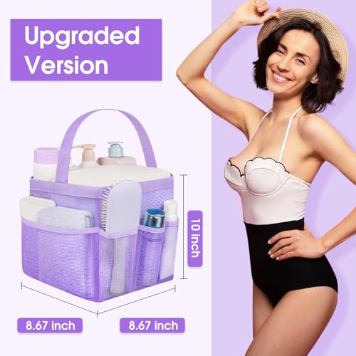 Attmu Mesh Shower Caddy Portable for College Dorm Room Camping Essentials, Shower Caddy Dorm with 9-Pockets, Large Capacity Hanging Basket Bathroom Bag for Toiletry, Swimming, Gym, Camp, Beach - color: light purple