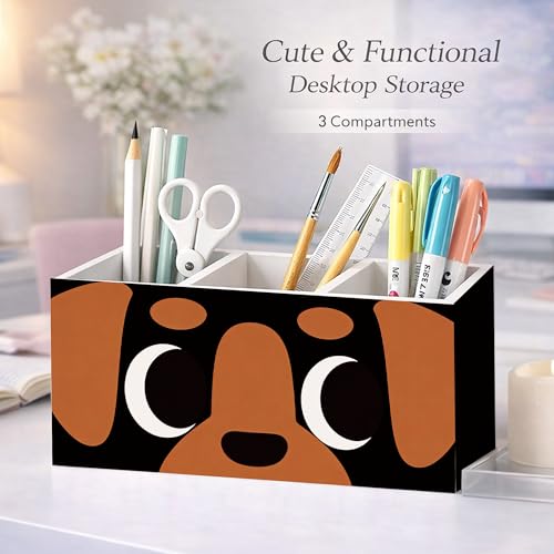 Cute Dog Face Wooden Desk Organizer 3 Compartments | Cute dog-themed wooden holder; 3 compartments for pens, pencils, scissors, ruler, home, office, or kids desk. - color: Cute Cartoon Dog Face