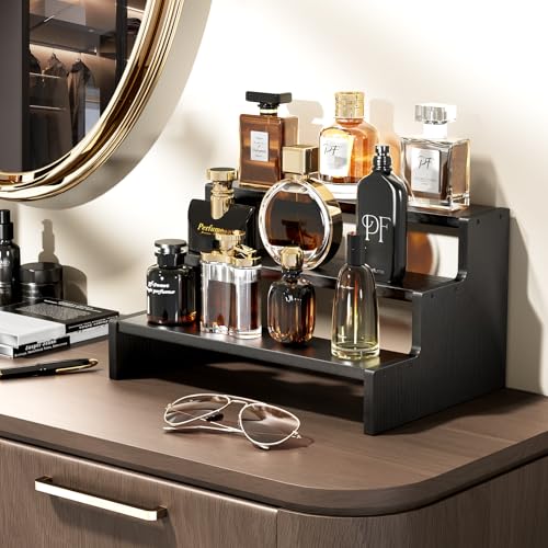 ProCase Wooden Cologne Organizer for Men, 3 Tier Perfume Organizer, Mens Cologne Stand Holder Storage, Display Riser Shelf Rack for Fragrances Candles Cosmetics Cupcake Figure Spice -Black - color: Black, size: 3-Tier (7.17" Height)