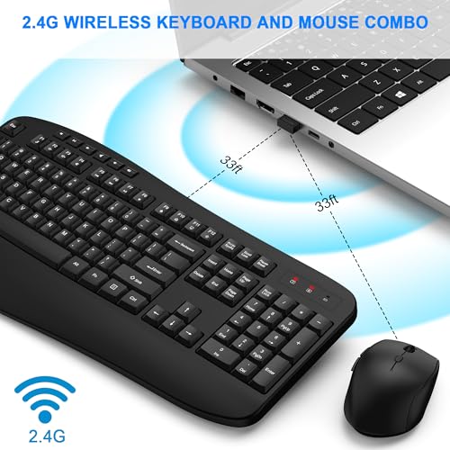 Wireless Keyboard and Mouse Combo, EDJO 2.4G Full-Sized Ergonomic Computer Keyboard with Wrist Rest and 3 Level DPI Adjustable Wireless Mouse for Windows, Mac OS Desktop/Laptop/PC,Classic Black - color: Classic Black