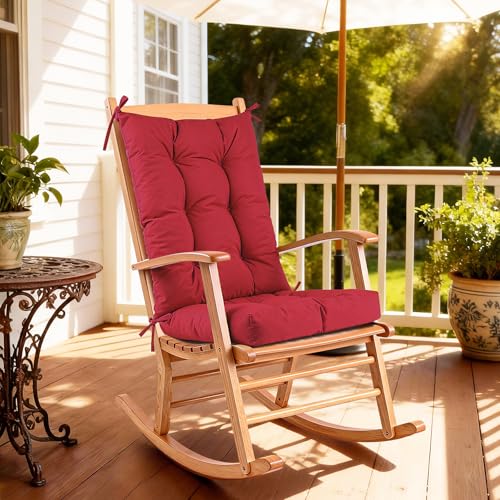 Rocking Chair Cushion Set Waterproof Weather Resistant Tufted with Ties, Non-Slip High Back Chair Pads for Garden Patio Wooden Rockers - color: Outdoor Red
