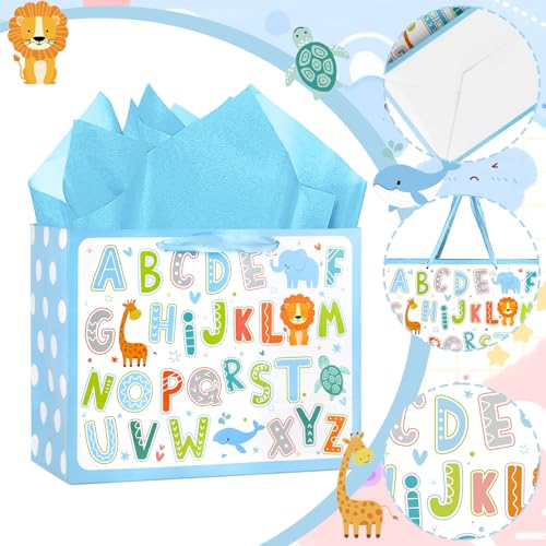 Hooqict Large Baby Boy Girl Gift Bag with Tissue Paper and Greeting Card, Reusable Baby Shower or Happy Birthday Gift Wrap Bag with Handle for Parties - 11.8" x 9.4" x 5.4” - color: Baby