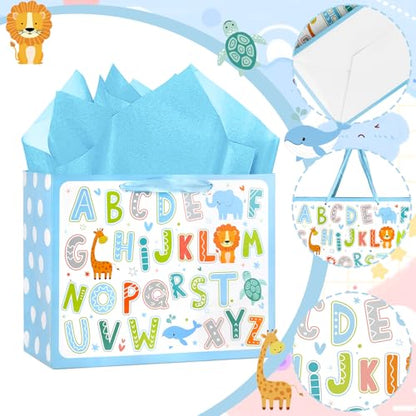 Hooqict Large Baby Boy Girl Gift Bag with Tissue Paper and Greeting Card, Reusable Baby Shower or Happy Birthday Gift Wrap Bag with Handle for Parties - 11.8" x 9.4" x 5.4” - color: Baby