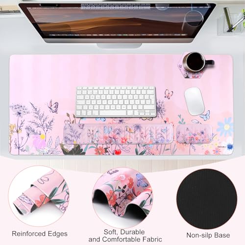 Petmolico Mouse Pad Set with Computer Keyboard Desk Pad,Mouse Pad with Wrist Rest,Typing Wrist Pad and Cup Coasters,Ergonomic Design for Typing Pain Relief【Pink,Wild Flowers】 - color: Pink