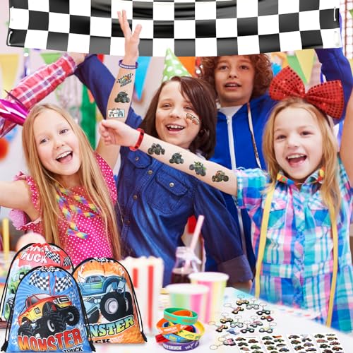 SNLN Monster Truck Party Favors Birthday Supplies for Boys Kids, Drawstring Bag Silicone Bracelet Keychain Tattoo Sticker Pinata Goodie Bag Stuffers Monster Truck Birthday Party Supplies Decor - style: Monster Truck