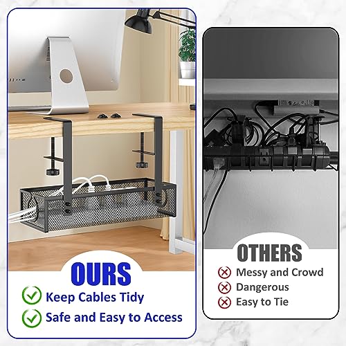 REFLYING Under Desk Cable Management Tray, Metal Long Arms (3.9in), No Drill Mesh Cable Tray, Wire Organizer, 1 Pack, Black