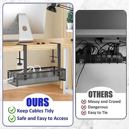 REFLYING Under Desk Cable Management Tray, Metal Long Arms (3.9in), No Drill Mesh Cable Tray, Wire Organizer, 1 Pack, Black