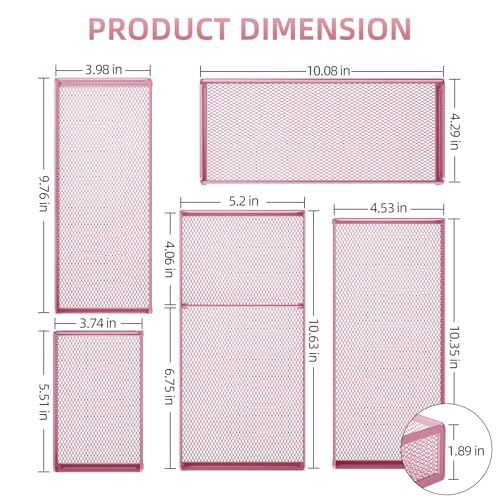 Marbrasse 5 Pack Desk Drawer Organizer Set, Mesh Drawer Storage Trays with 1 Adjustable Divider, Desk Organizers and Accessories, 5 PCS Drawer for Office Supplies, Makeup & Vanity (Pink) - color: Pink