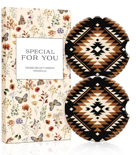 Swooflia Car Coasters for Women - Native Plaid Car Cup Coasters Absorbent Cup Holder Coasters for Car 2 Pcs Ceramic Car Cupholder Coaster with Cork Base Car Interior Accessories - color: Brown Tribal Plaid