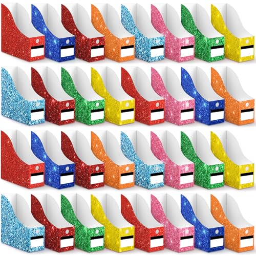 Jutom 32 Pcs Magazine File Holder Set Including Colored Foldable Desk File Holder Organizer White Label Stickers Cat Pen Cardboard Magazine Storage Box for Document School Office (Solid,Glitter) - style: Glitter