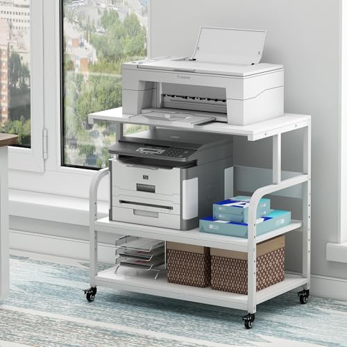 Fannova Printer Stand, 32.3" x 18.9" x 32.1" Extra Large Printer Table with Adjustable Storage Shelf, 3 Tier Rolling Printer Cart with Industrial Wheels for Home Office, White - color: White, size: 32.3"W x 18.9"D x 32.1"H