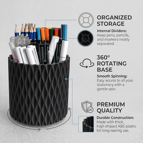 Lebenrich Aesthetic Black Pen Holder for Desk, Rotating Plastic Desk Pencil Holder Organizer for Home School Office - color: Black