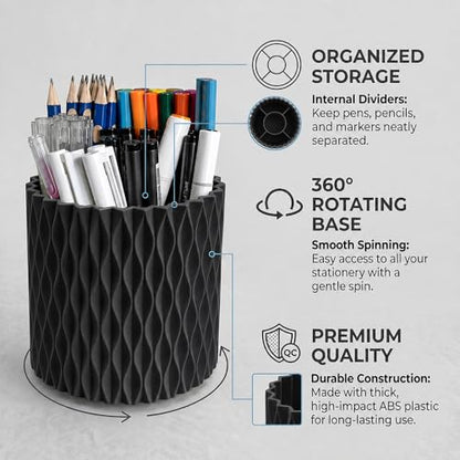 Lebenrich Aesthetic Black Pen Holder for Desk, Rotating Plastic Desk Pencil Holder Organizer for Home School Office - color: Black
