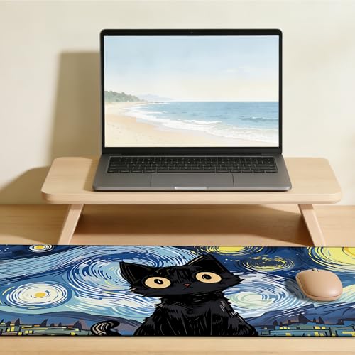 Black Cat Starry Night Gaming Mouse Pad with Stitched Edges Non-Slip Rubber Base Mouse Pad for Office,Computer,Keyboard,Laptop and Home Desk,35.4 x 15.7 Inch - color: Black Cat Starry Night, size: 15.7*35.4inch