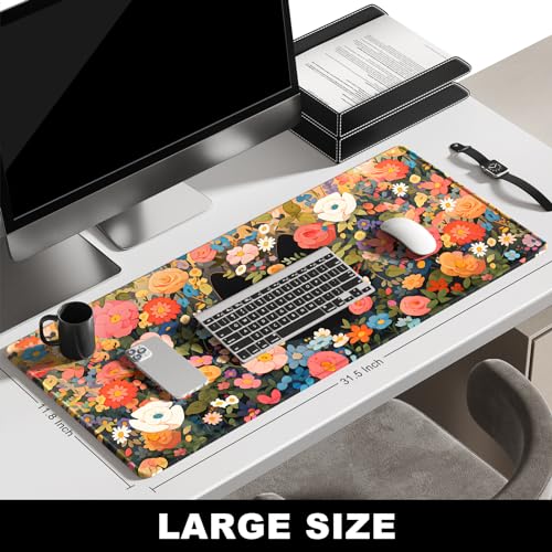 BOSOBO XXL Gaming Desk Mat, Extended Mouse & Keyboard Mat, Anime Cat Pink Flower Bush - 31.5 x 11.8 Inches - color: Anime Cat Flower Bush, size: XL - 31.5 x 11.8 Inches