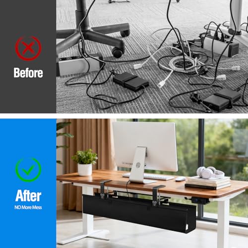 Under Desk Cable Management Tray - Heavy Duty No-Drill Clamp & Screw Mount, 28-Inch Cord Organizer for Home Office, Gaming Setup & Study Room, Holds Power Strip & Large Adapters (Black, 28"L x 5.5"W) - size: 28inch